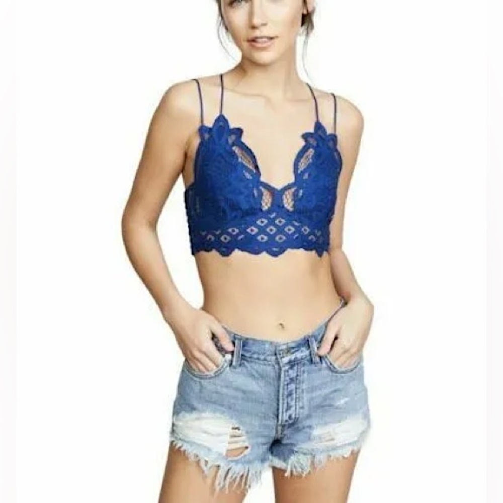 Free People Adella Bralette Lace Blue Smocked Crop Top size Medium Intimates